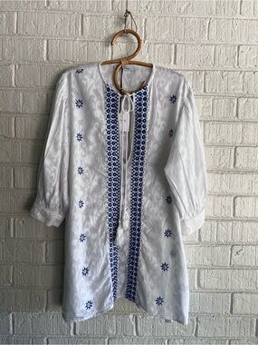 NWT Kaftan short dress with Blue Embroidered Trim (One Size) Achilleas EU London